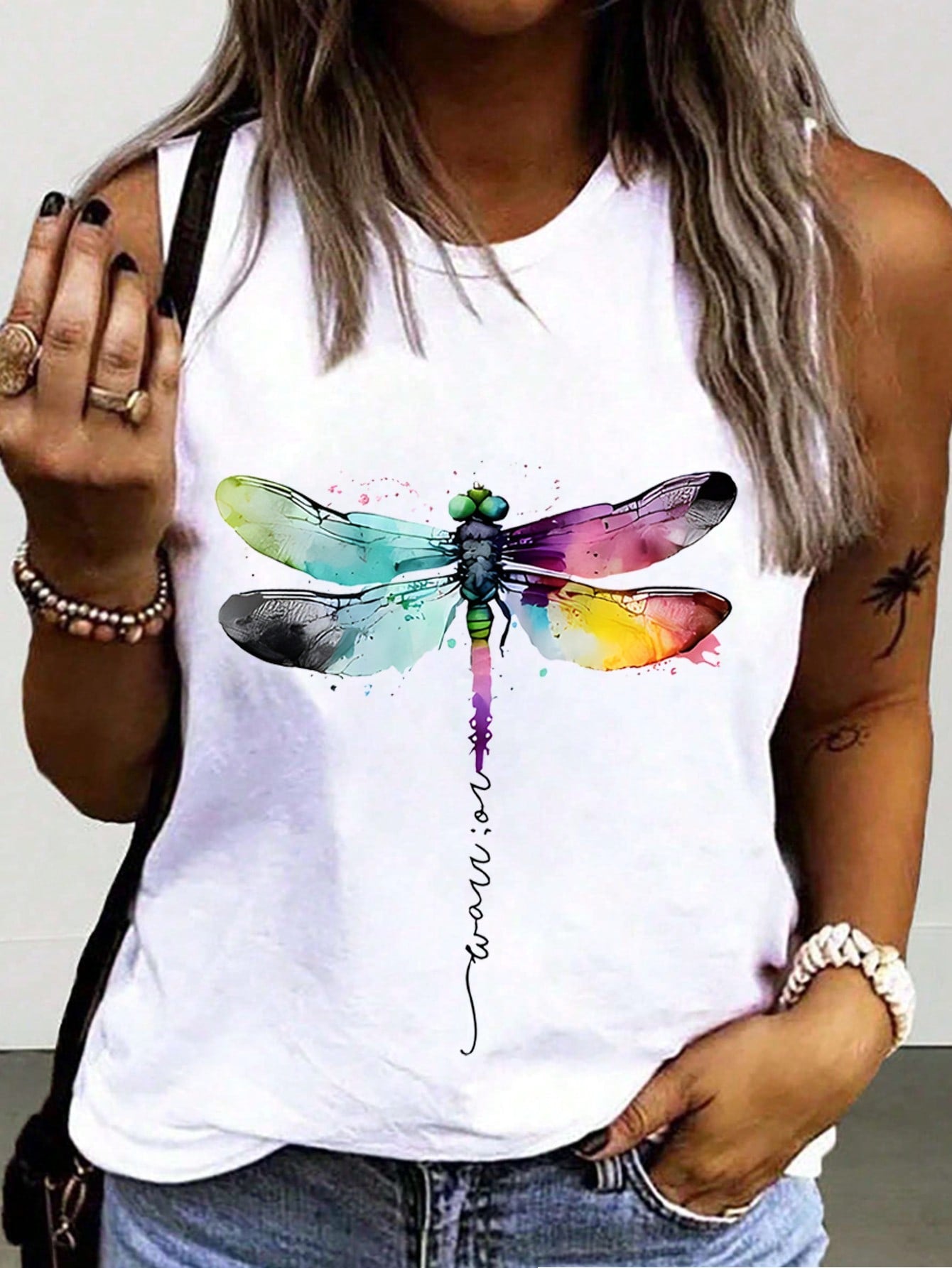 Plus Size Women's Dragonfly Printed Colorful Camisole And Tank Top