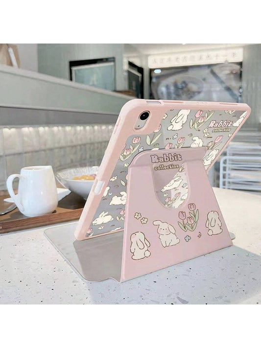 1pc Pretty And Cute Flower Bunny Double-Sided Printed Protective Tablet Case With 720-Degree Rotating Stand And Pen Holder, Acrylic Transparent Back, Anti-Drop, Sleep/Wake Function, Compatible With Huawei, IPad, Xiaomi