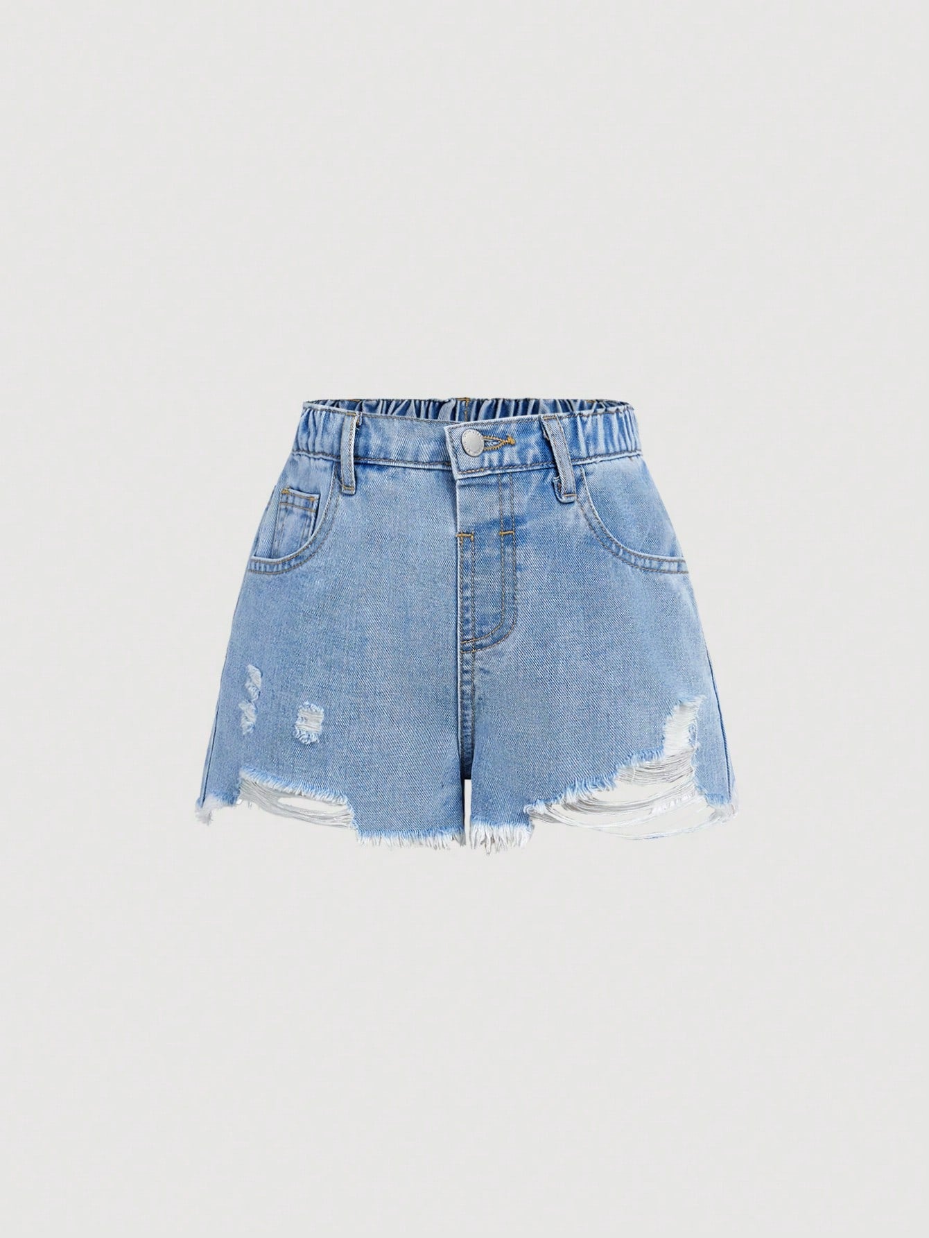 Young Girl Casual Fashionable Distressed Denim Shorts, Washed Out