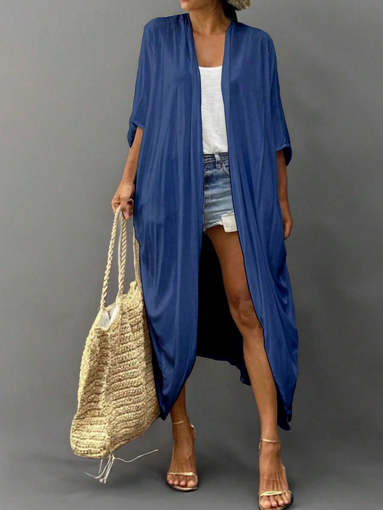 Women Summer Beach Vacation Plain Color Batwing Sleeve Long Loose Kimono