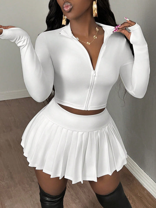 Casual Street Style White Short Sleeve Zipper V-Neck Top & Pleated Tennis Skirt Set, Women's 2pcs Set