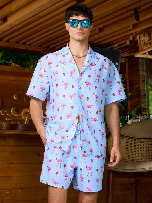 Men's Fashionable Flamingo Printed Beach Vacation Wind Sand Beach Set