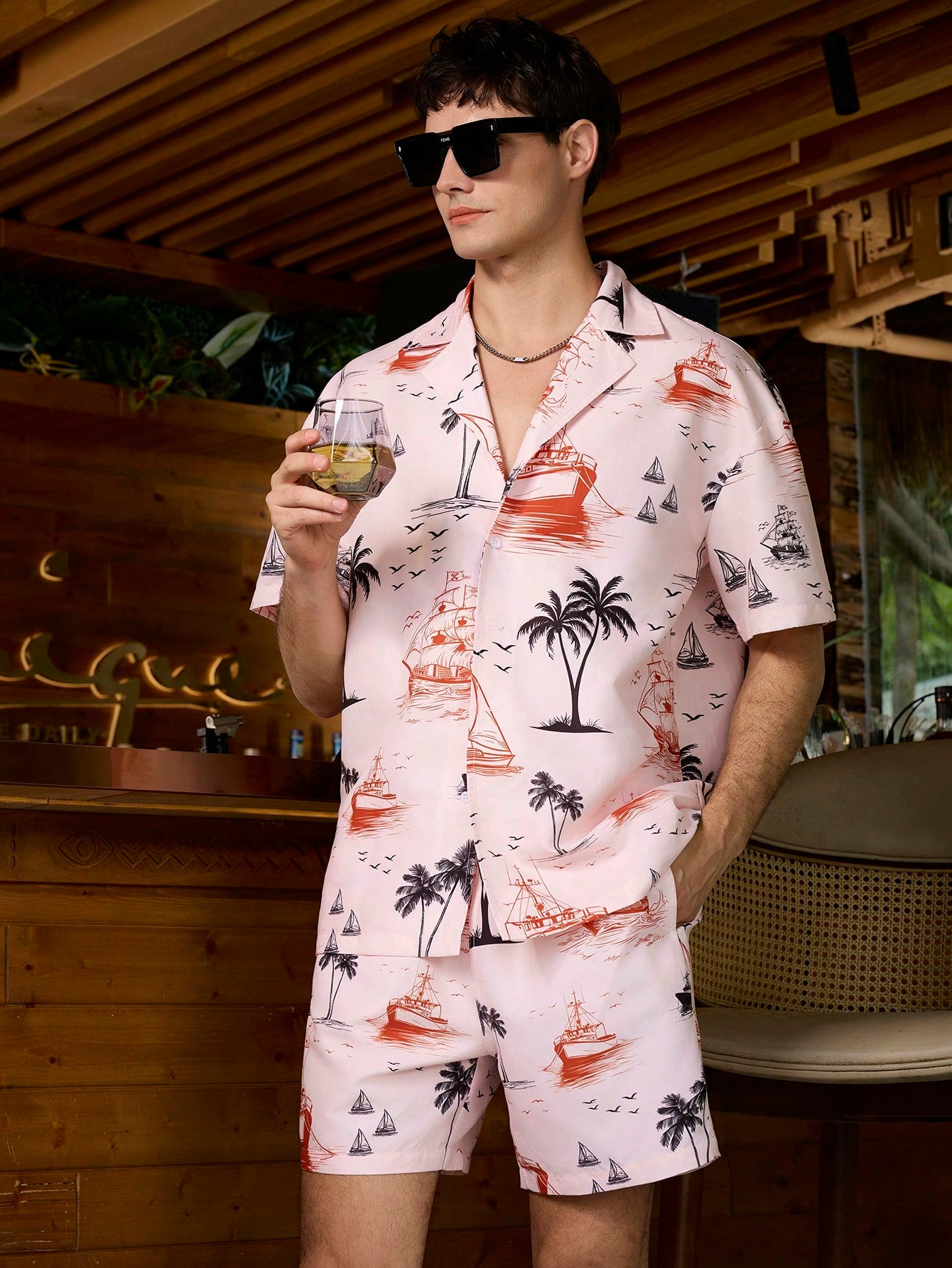 VDAYZ Men's Summer Casual Coconut Tree Print Short Sleeve Shirt And Shorts Beach Set