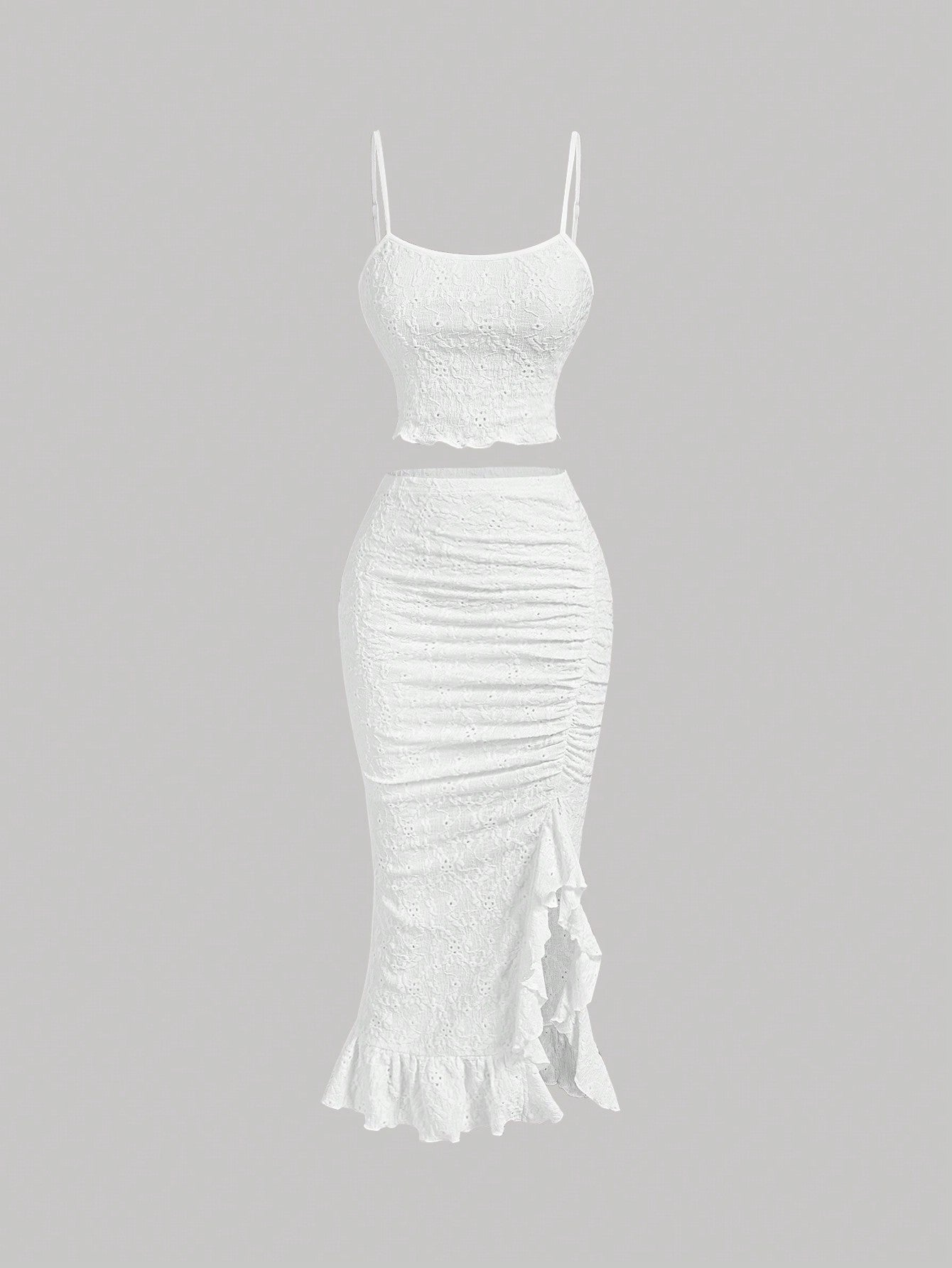 Women's Knitted Ruffle Edge Two-Piece Set, Lace Top And Long Skirt Suit, White Summer Sets