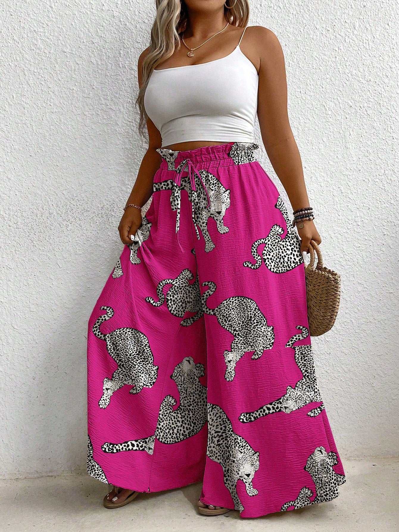 Plus Size Full-Print Elastic Waisted Tie Super Wide-Leg Pants Beach