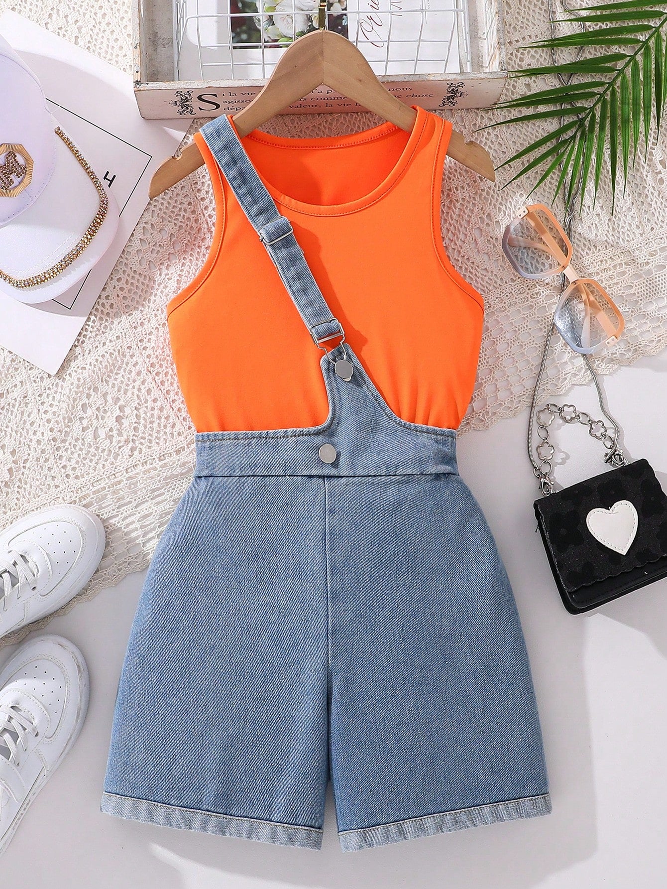 Kids Tween Girl Solid Color Vest Top With Overalls Denim Shorts 2 Pieces Set For Summer