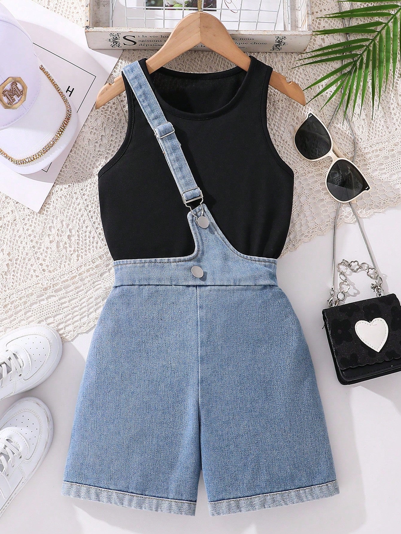 Kids Tween Girl Solid Color Vest Top With Overalls Denim Shorts 2 Pieces Set For Summer