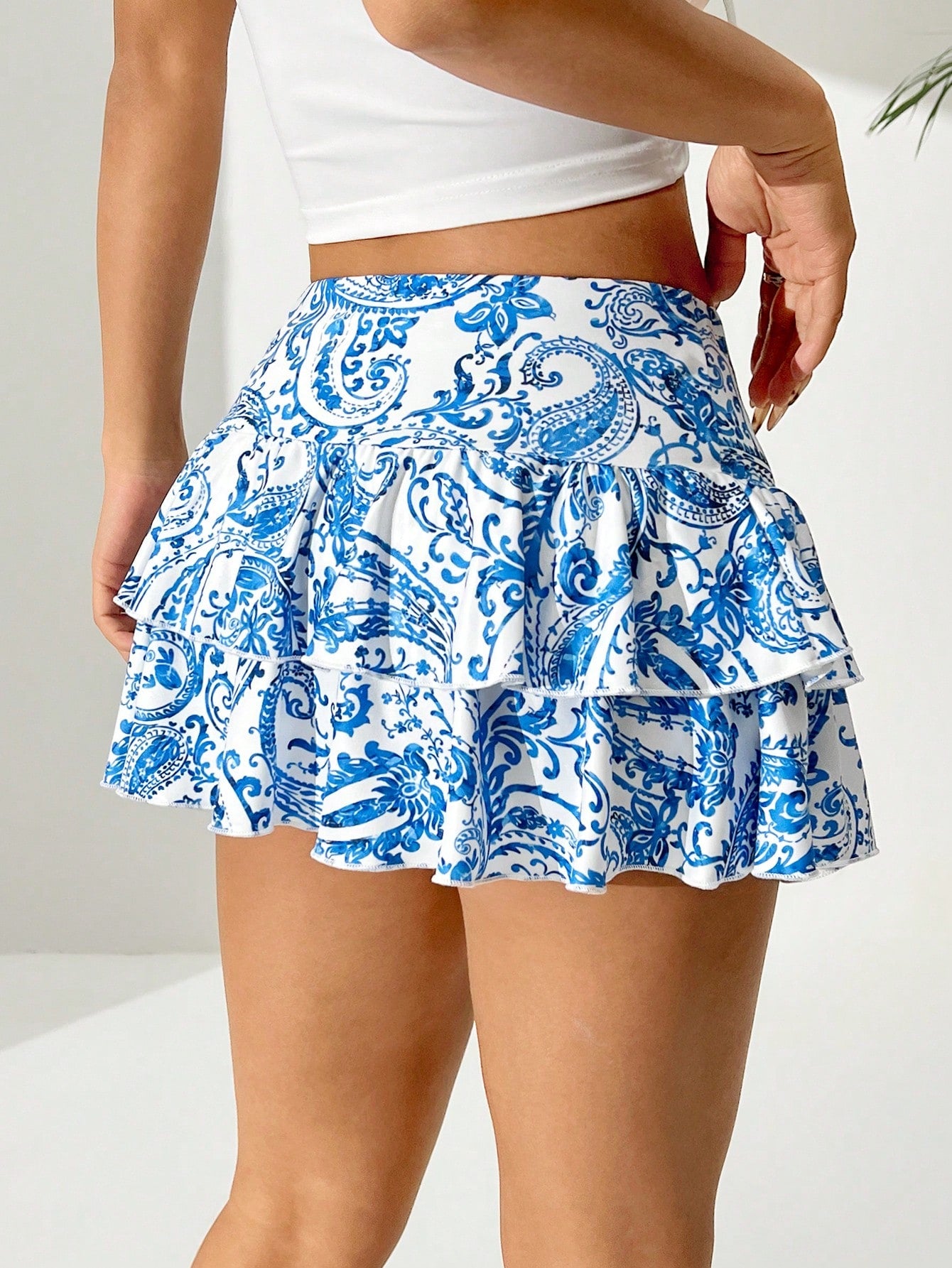 Women Solid Color Double Layer Ruffle Hem Mini Skirt For Summer