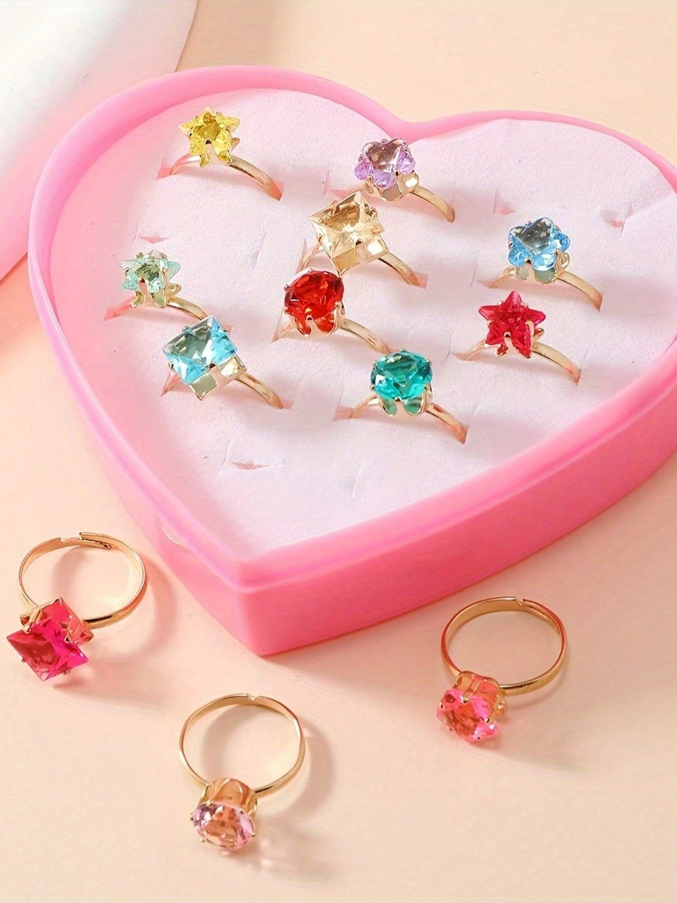 1set/12pcs Girls' Adjustable Cartoon Rings With Faux Gemstones ,Random Color And Style, Gold Color,With Box