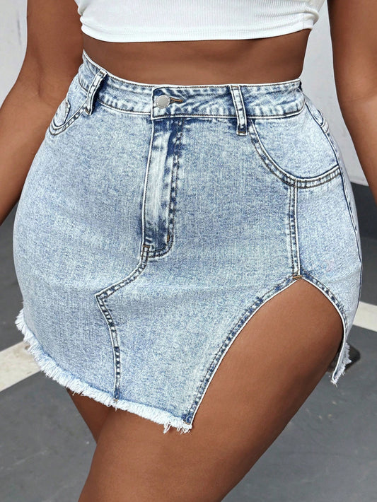 Plus Size Blue Denim Mini Skirt, Sexy Slim Fit Stretchy Hip Skirt With Side Slit