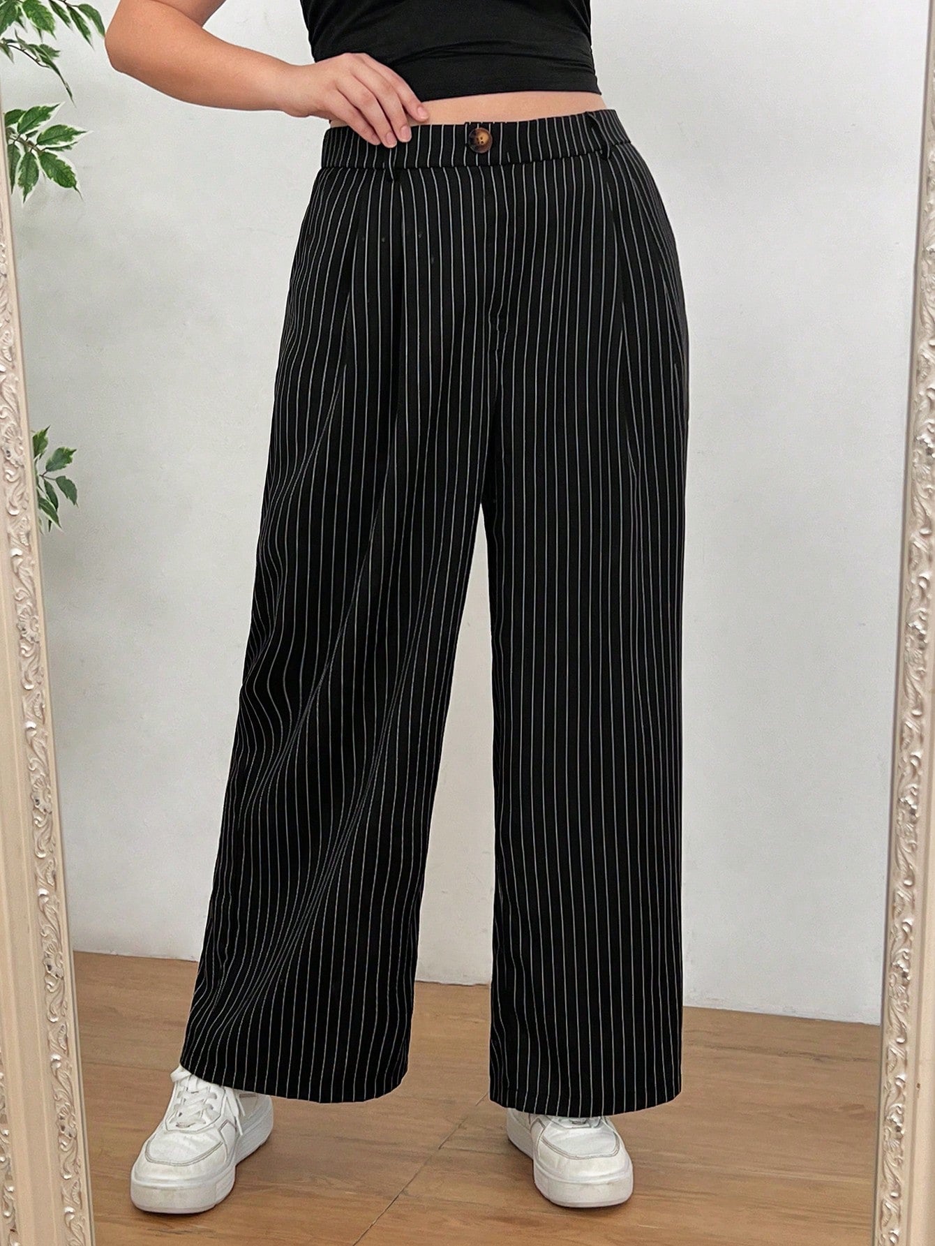 Plus Size Solid Color Button Fabric Pleated Dress Pants