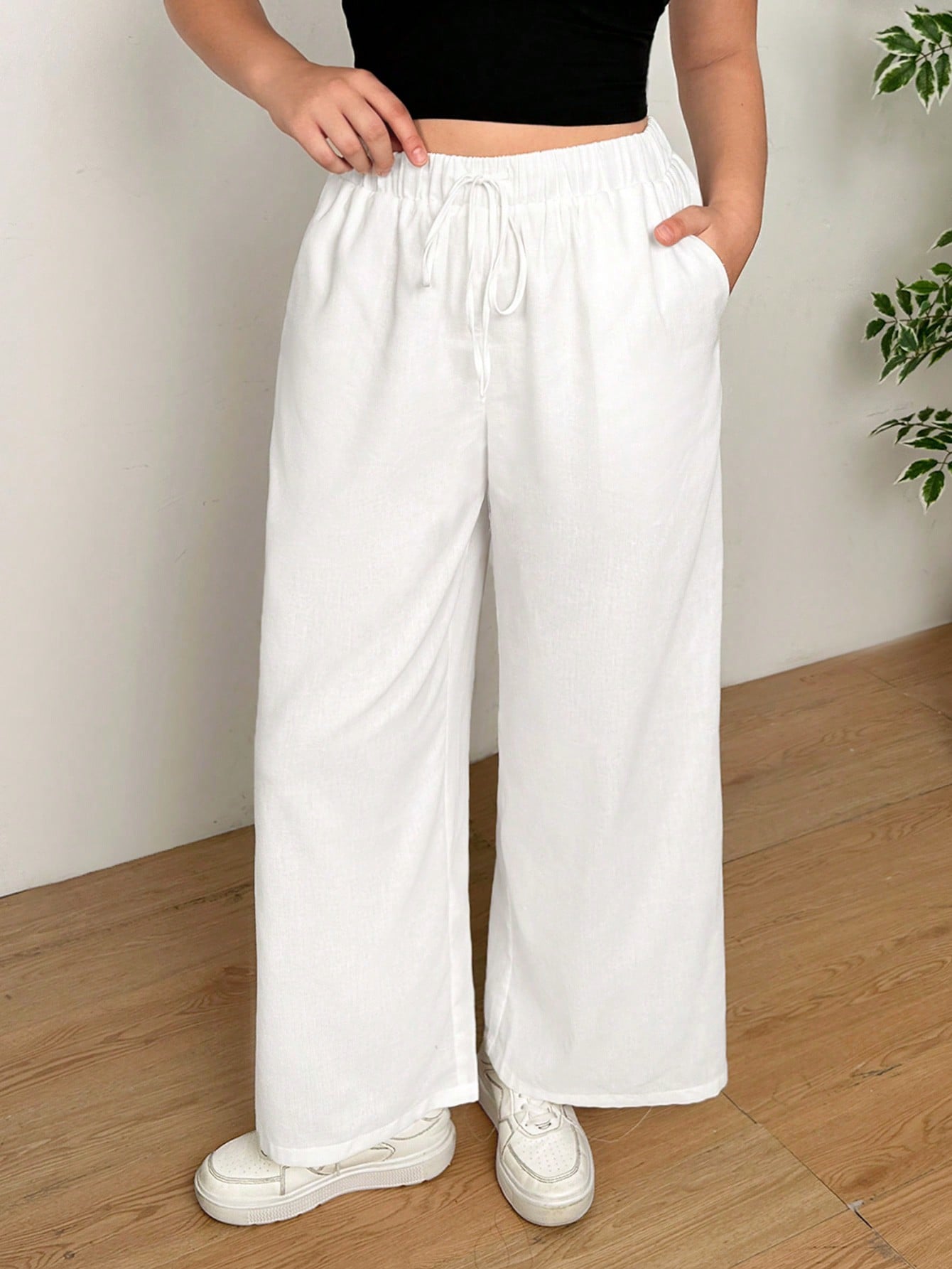 Plus Size Casual Loose Plaid Elastic Waist Wide-Leg Pants