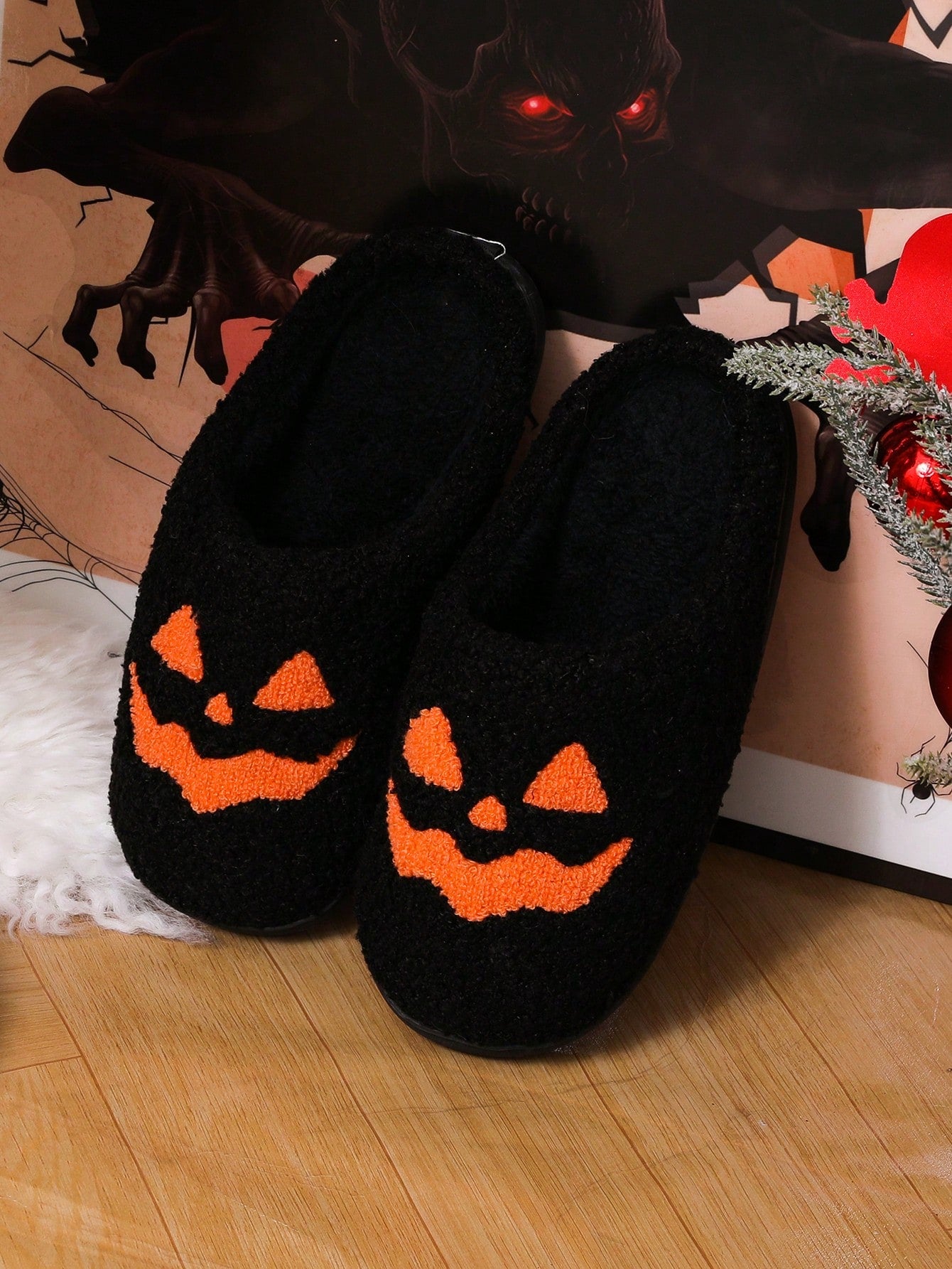 Halloween Plush Pumpkin Patterned Slippers For Elderly, Round Toe Indoor Couple Slippers For Winter And Autumn, Women's Cute Home Shoes