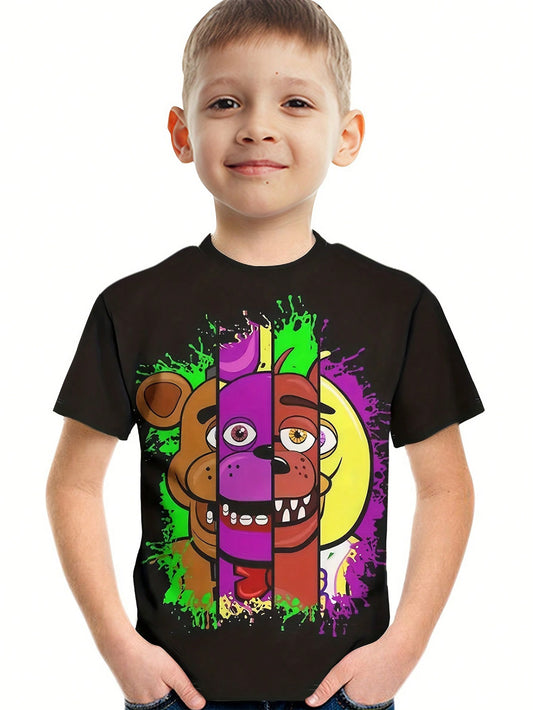 Young Boy Casual Cute Cartoon Design Round Neck Short Sleeve T-Shirt