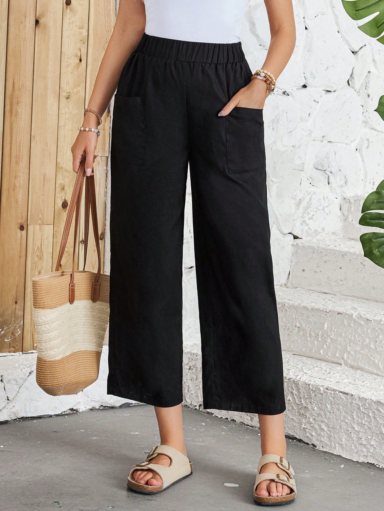 Women's Summer Black Straight Linen Pants