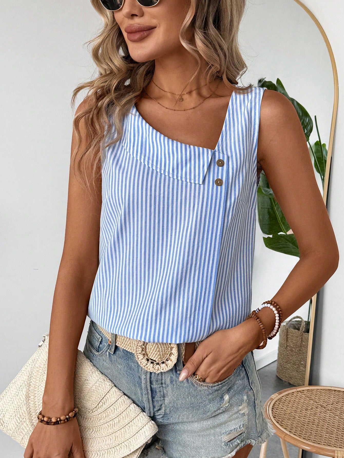 Women Asymmetrical Collar Button Decor Blue And White Striped Casual Vacation Sleeveless Shirt For Summer