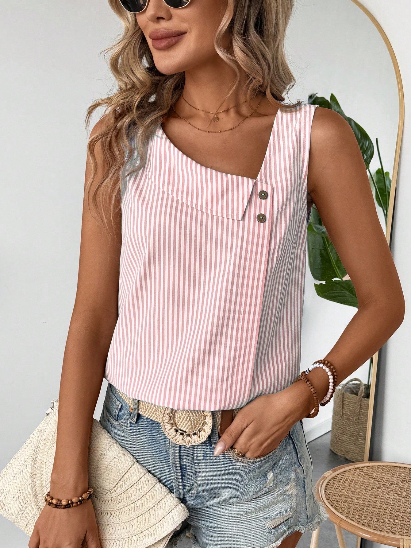 Women Asymmetrical Collar Button Decor Blue And White Striped Casual Vacation Sleeveless Shirt For Summer