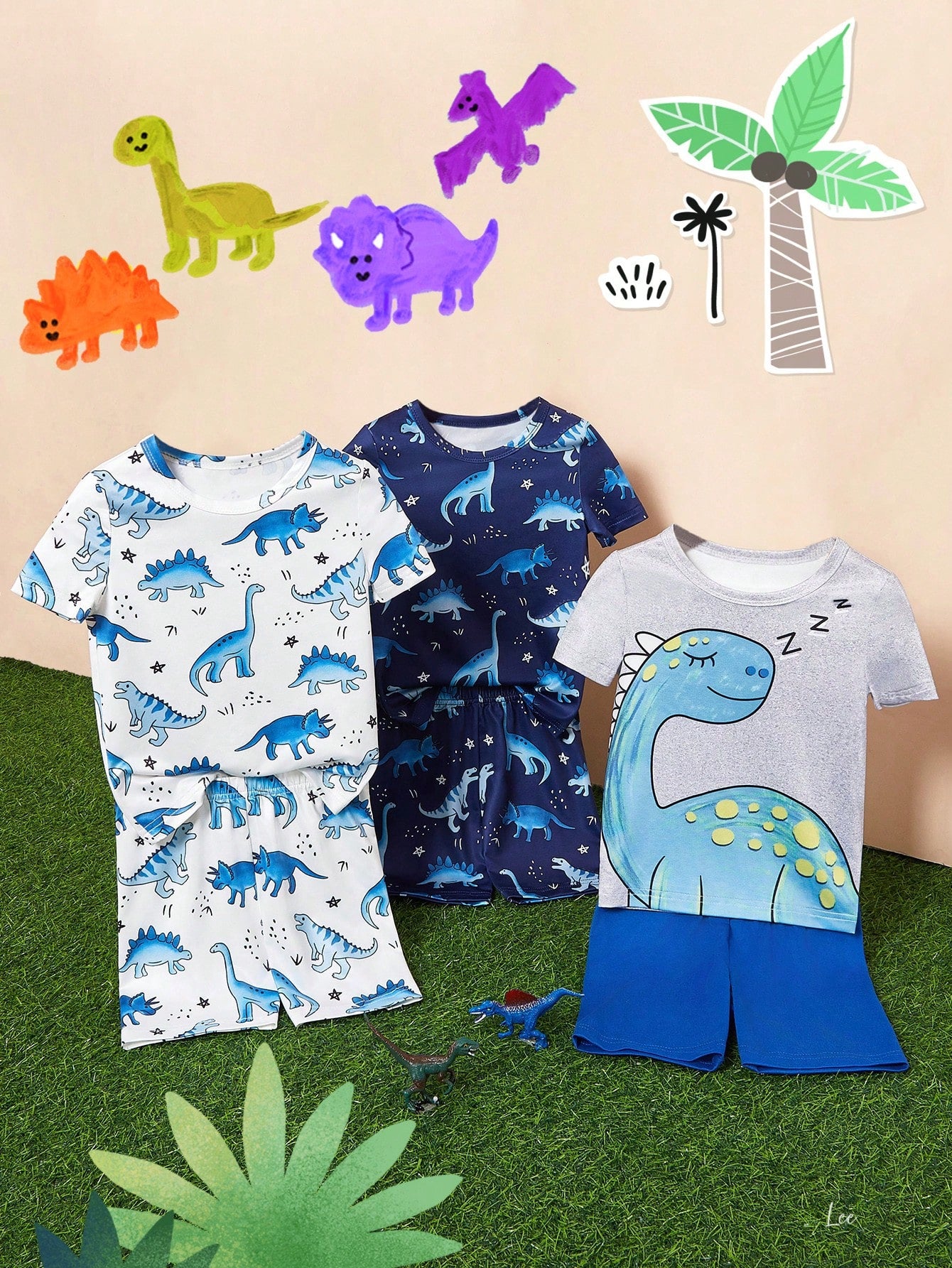 Young Boy 6pcs Cute Cartoon Dinosaur Printed Round Neck Snug Fit T-Shirt And Shorts Set, Home Wear