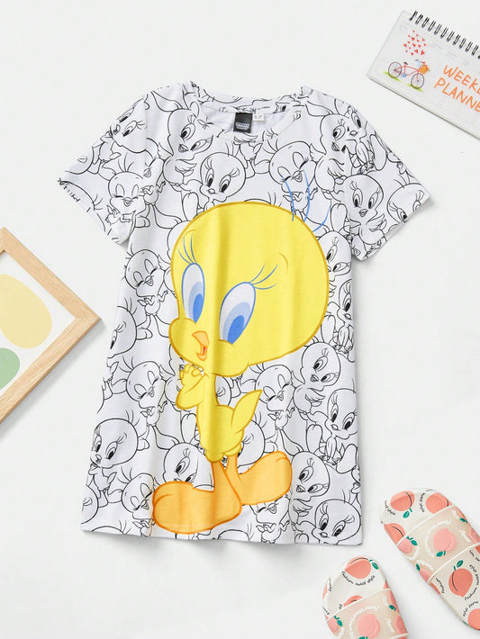 LOONEY TUNES X Young Girl Cartoon Yellow Duck Printed Comfortable Casual Sleep Dress, Summer