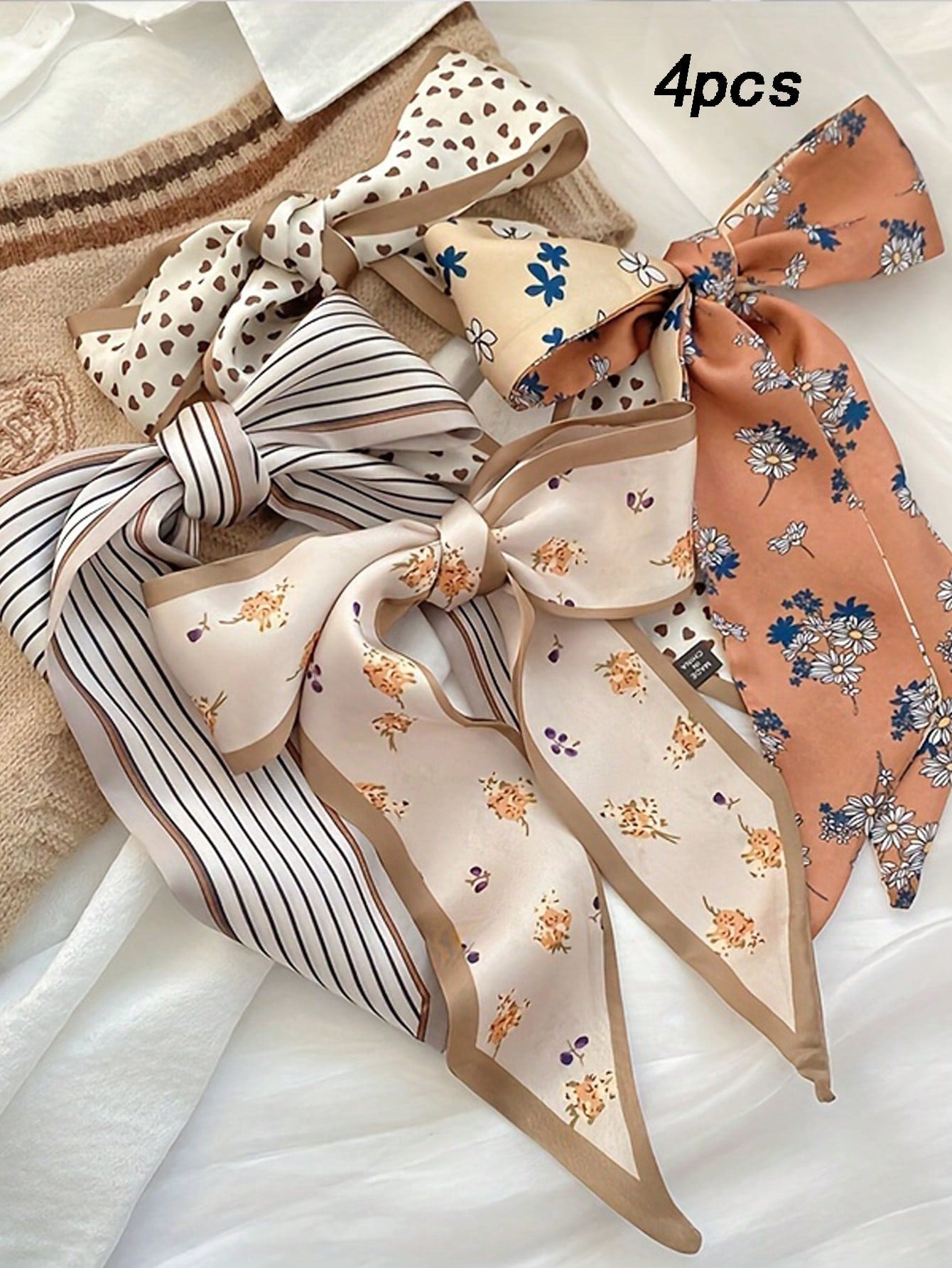 4pcs Vintage Headbands And Neck Scarf Set, Floral Printed Silk Ribbon, Multi-Functional Skinny Scarf For Hair Styling And Decoration