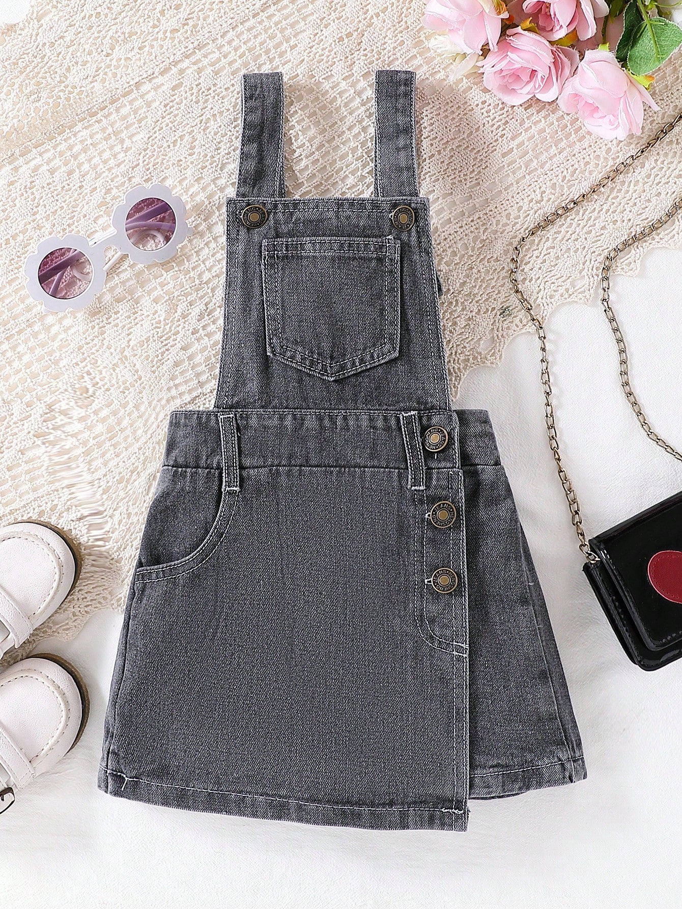 Young Girl Asymmetrical Hem Denim Overall Romper