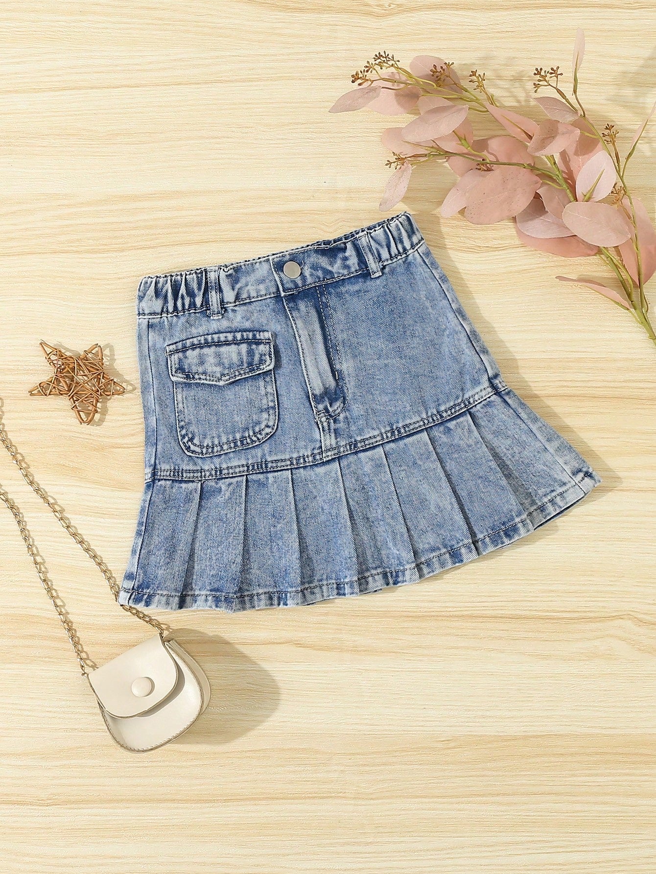 Tween Girls' Summer Street Fashion Denim Skirt With Pleated Hem