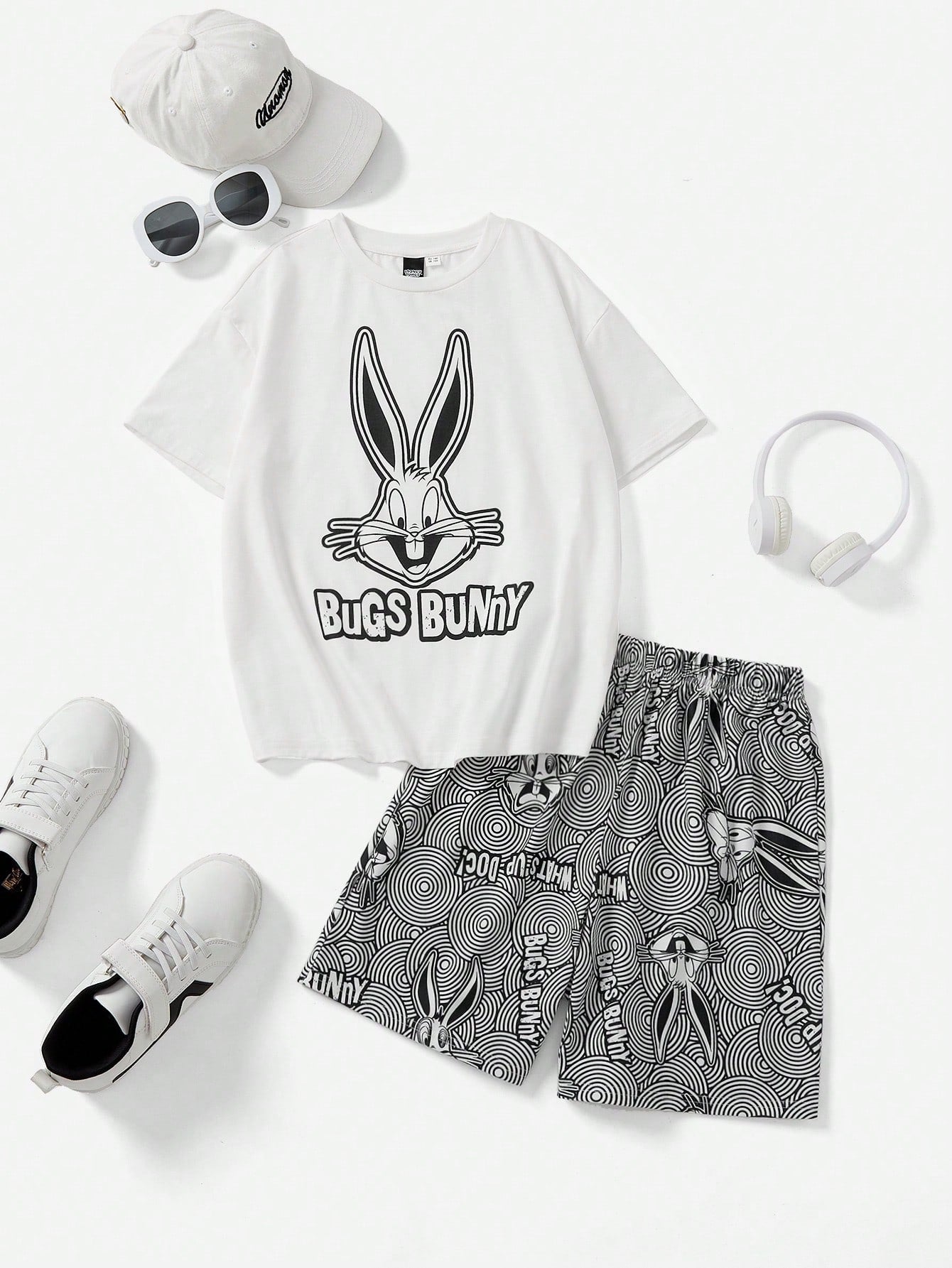 LOONEY TUNES X Tween Boy Cartoon Printed Loose Fit Short Sleeve Top And Shorts Pajama Set, Summer