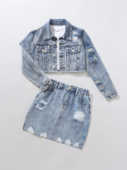 Tween Girl Y2K Street Style Stone Wash Ripped Raw Hem Denim Jacket & Elastic Waist Denim Skirt 2-Piece Set