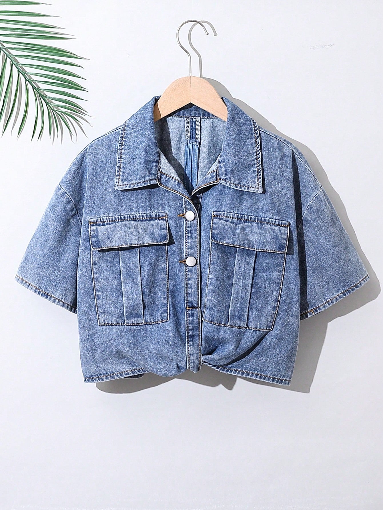 Teenage Girls' Denim Shirt With Pocket Design, Zipper Detailing, And Mid-Blue Washed Finish