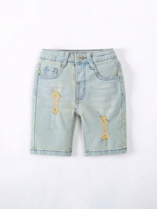 Young Boy Casual Denim Shorts With Pockets And Distressed Holes