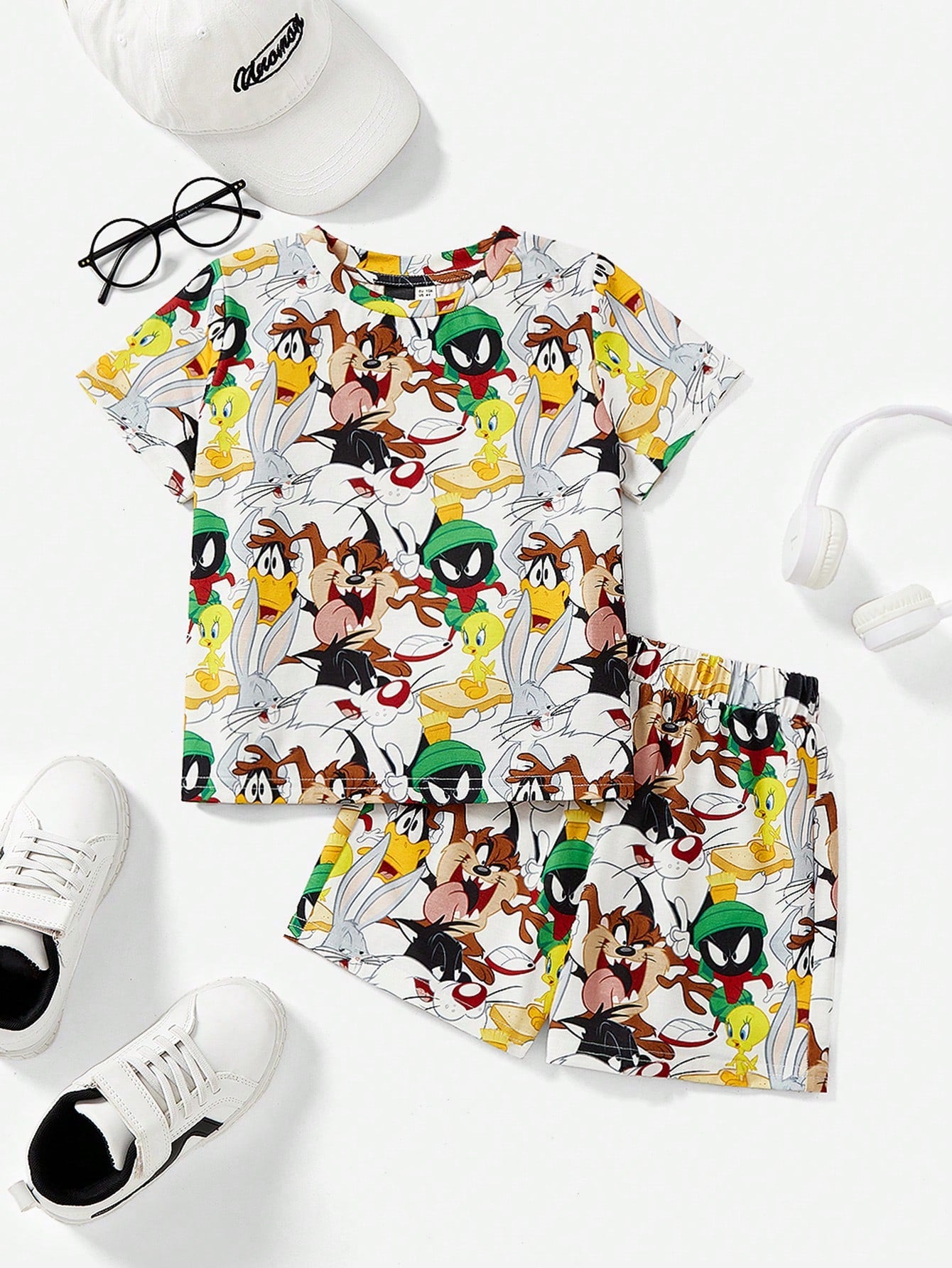 LOONEY TUNES X Young Boy Cartoon Printed Cool Short Sleeve Top And Shorts Pajama Set, Summer