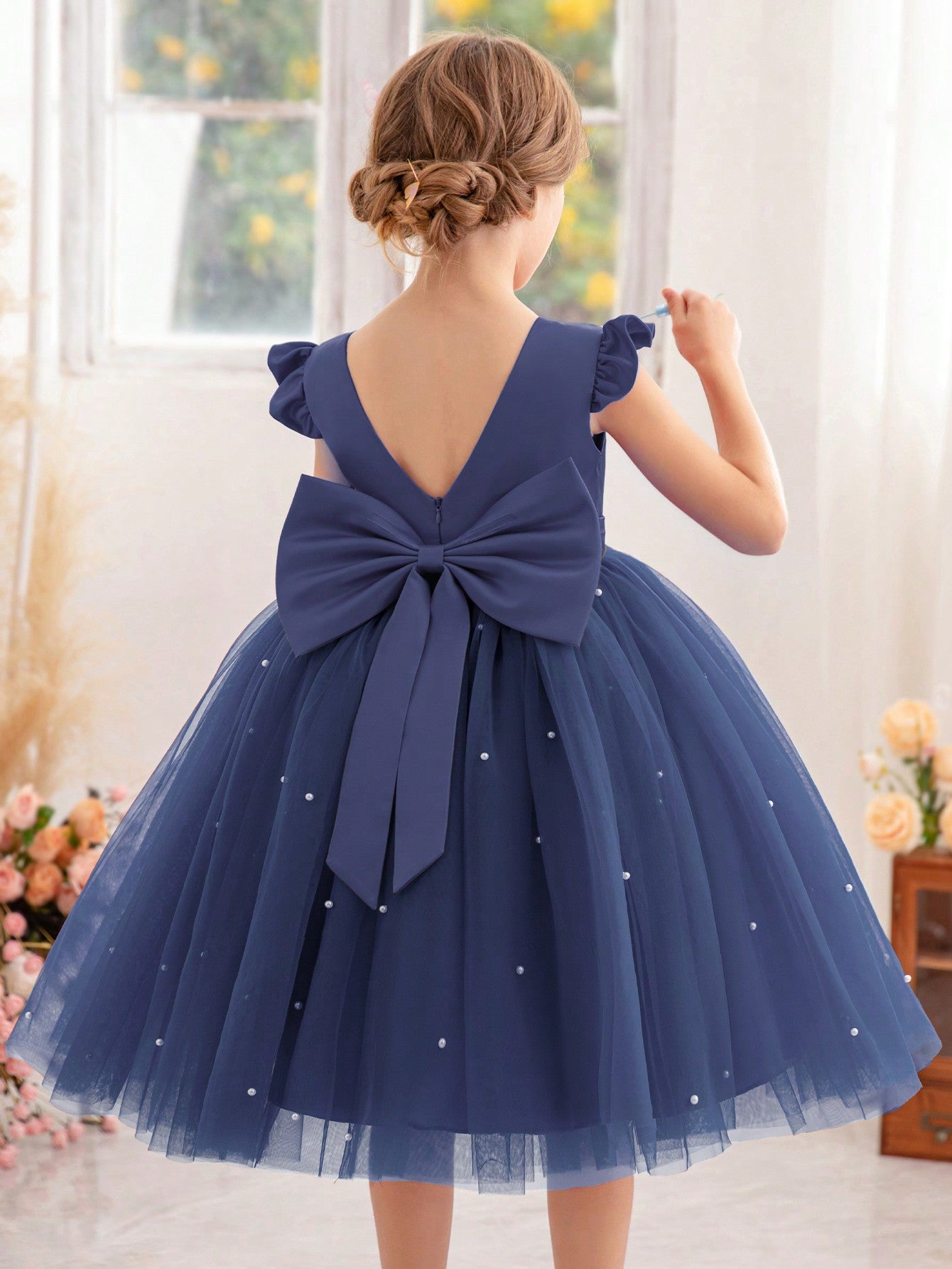 Young Girl Flutter Sleeves Mesh Dress With Tulle, Suitable For Birthday Party, Dancing, Casual Wear, Instrument Performance, Stage, Etc.