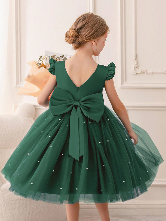 Young Girl Flutter Sleeve Tulle Formal Dress, Suitable For Birthday Party, Dance Party, Casual, Daily Wear, Musical Performance, And Stage Costume