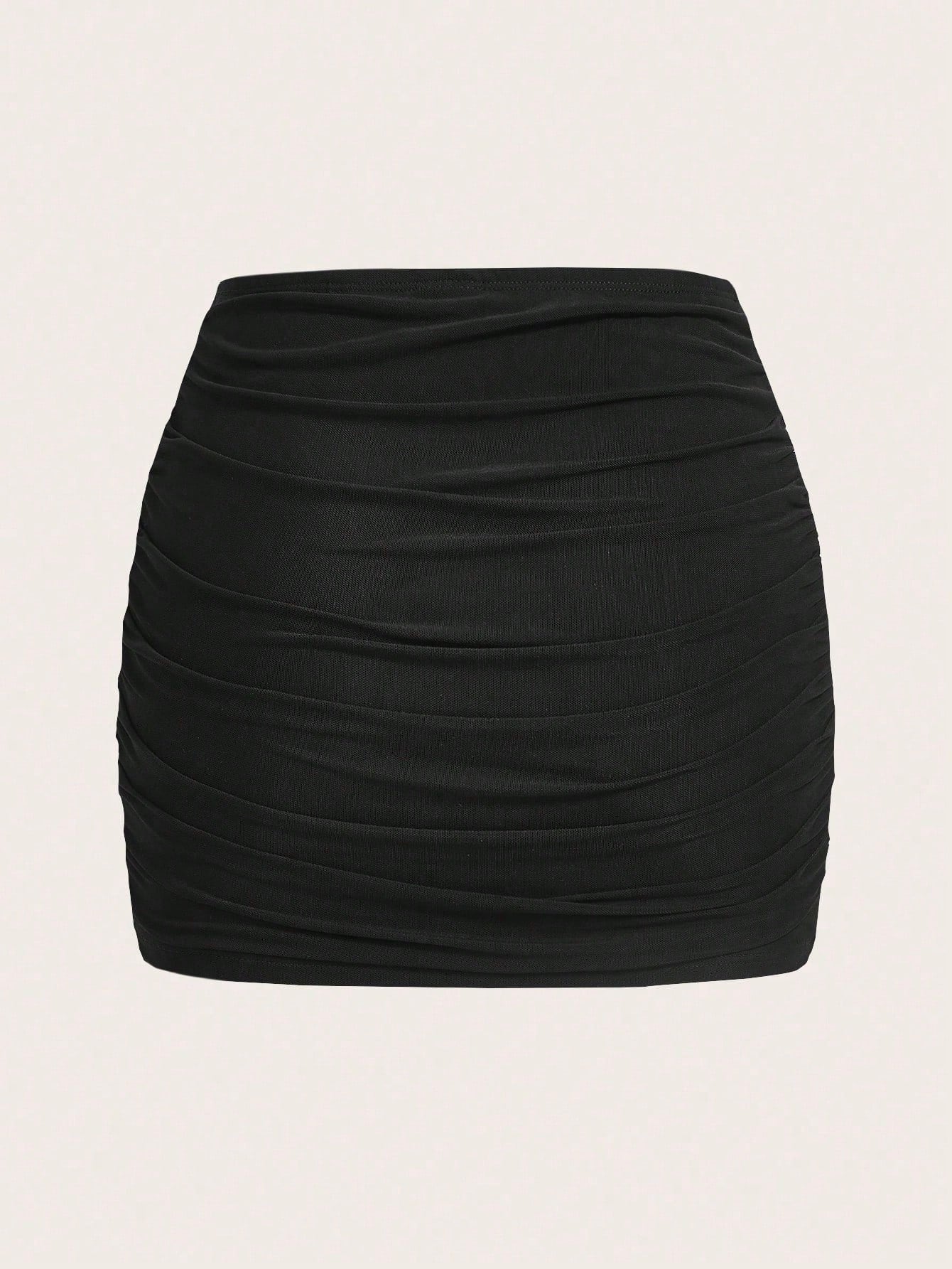 Women's Plus Size Black Knitted Skirt With Pleated Hemline, Bodycon