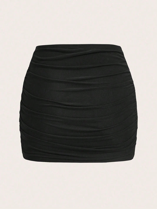 Women's Plus Size Black Knitted Skirt With Pleated Hemline, Bodycon