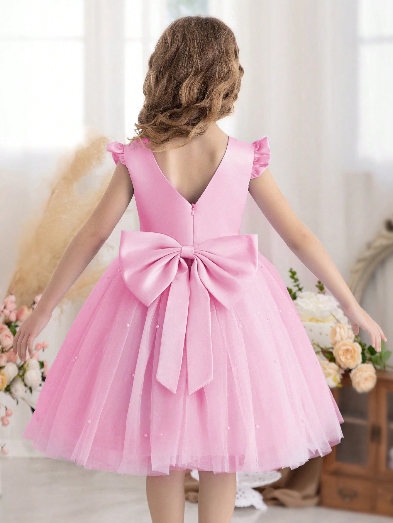 Young Girl Mesh Tulle Princess Dress With Flutter Sleeves, Suitable For Birthday Party, Dance Party, Instrumental Concert, Stage Performance, Ball Gown