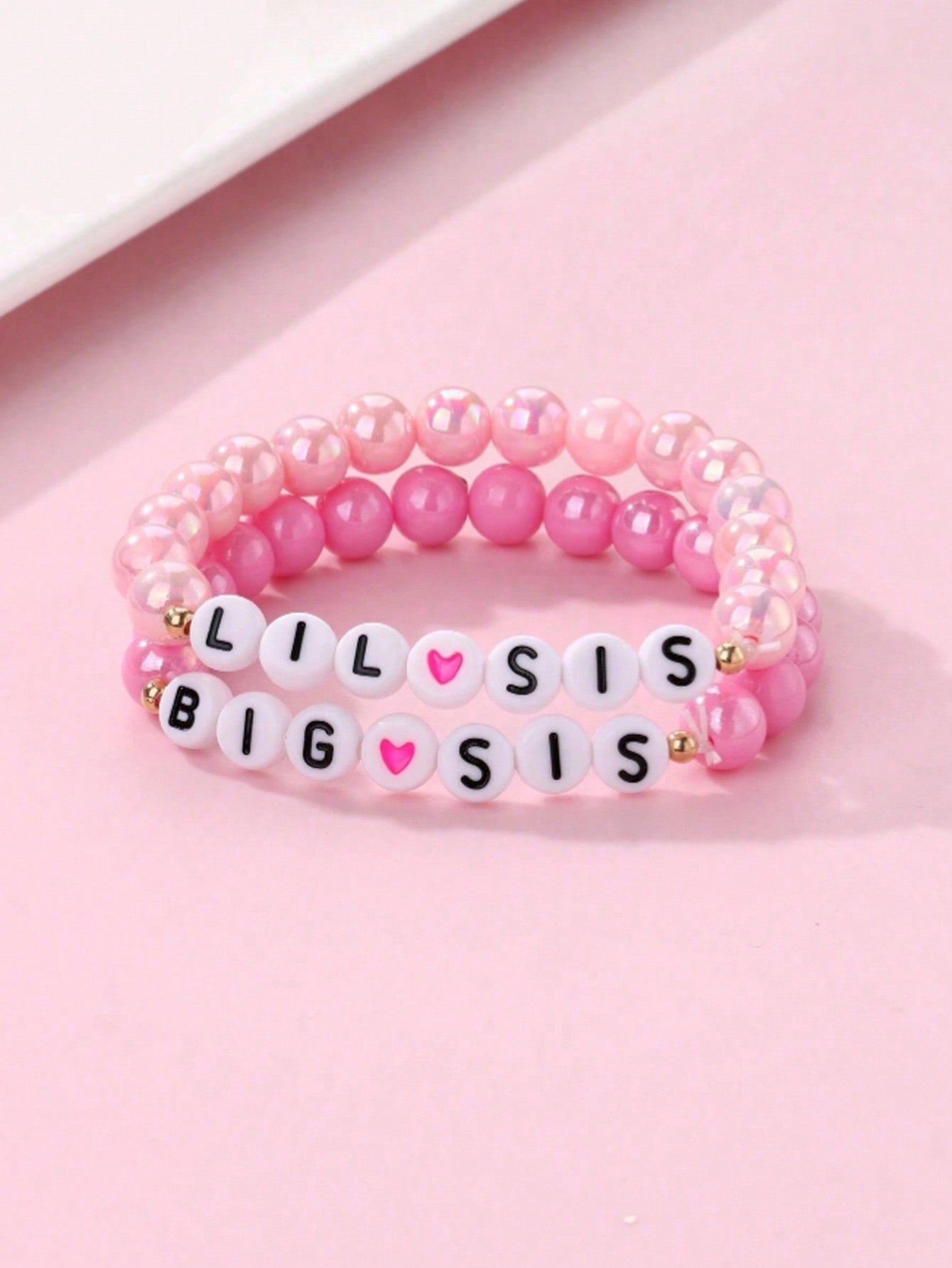 2pcs/Set Colorful Acrylic Beaded Elastic Bracelet With English Letters Big Sis Lil Sis. Suitable For Sisters To Wear On Birthday