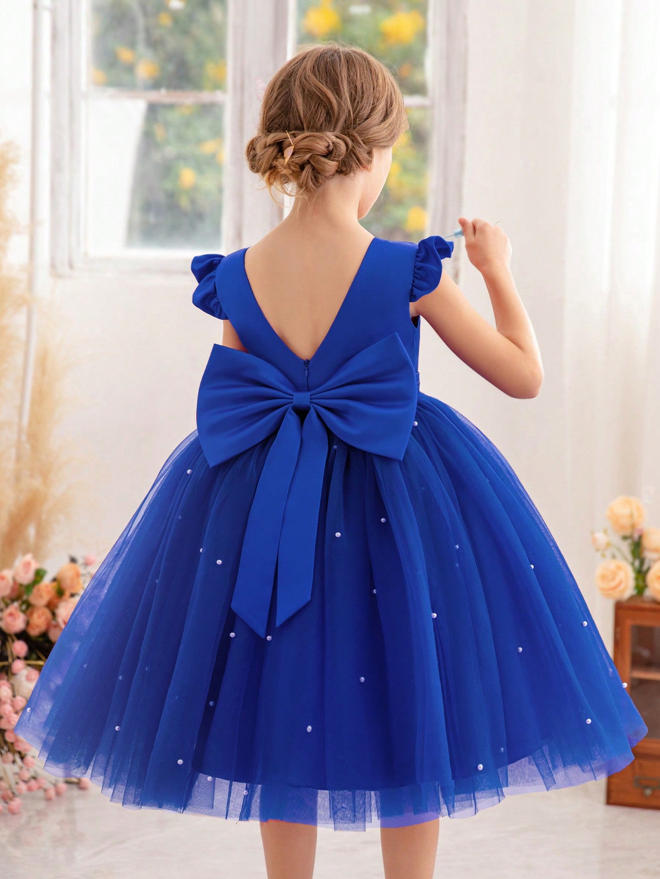 Young Girl Flutter Sleeve Tulle Formal Dress, Suitable For Birthday Party, Dance Party, Casual, Daily Wear, Musical Performance, And Stage Costume