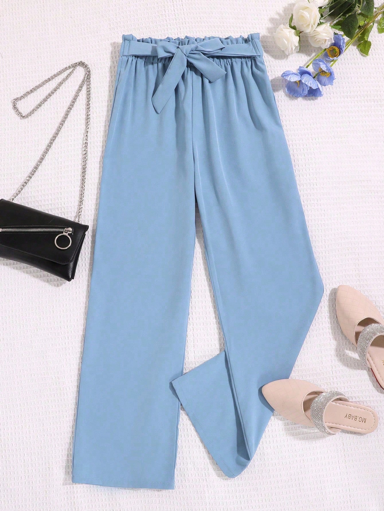 Tween Girl New Fashion Navy Blue Straight Pants With Bow Belt, Suitable For All Seasons Daily Wear