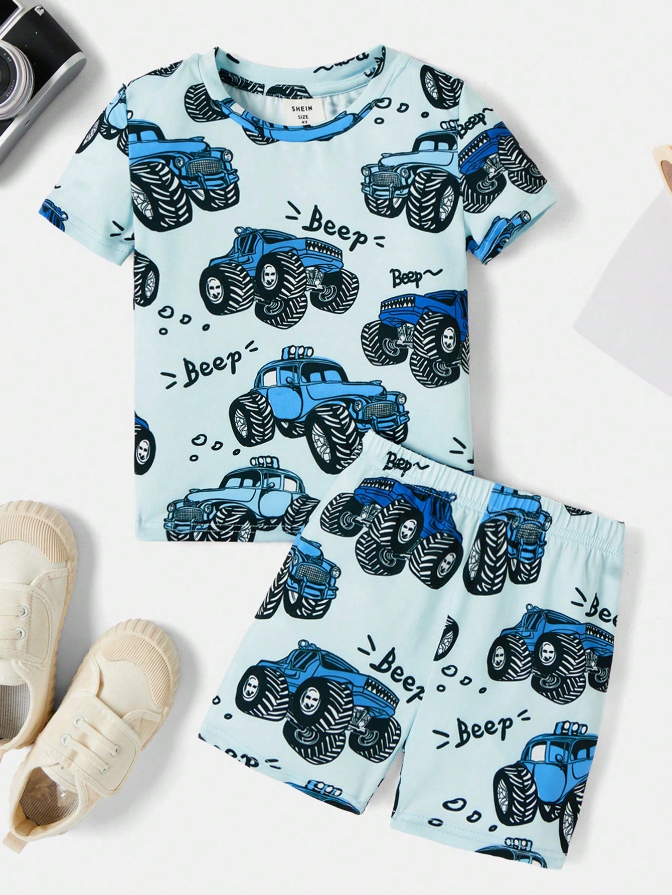 2pcs Young Boys' Casual Cute Cartoon Car,  & Off-Road Vehicle Printed Round Neck Short Sleeve T-Shirt And Shorts Comfortable Home Outfit Set