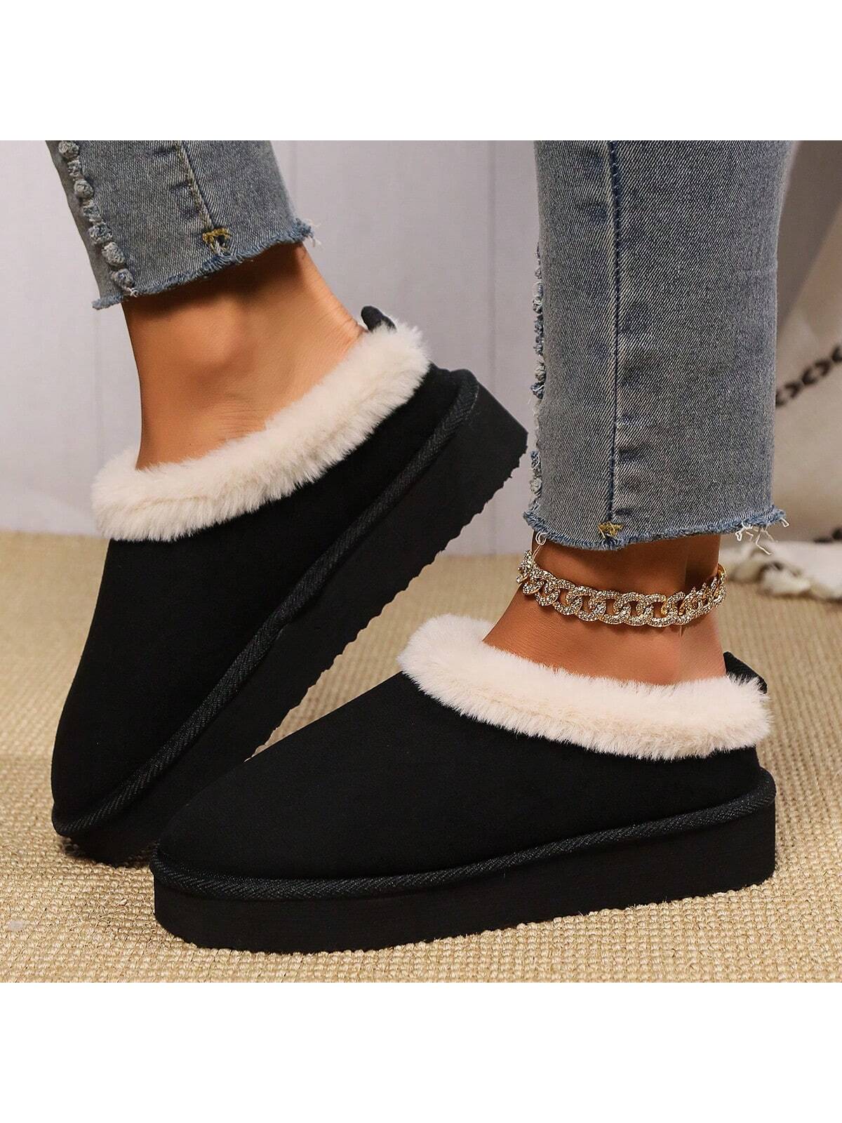 Women's Plush Lined Warm Slippers, Comfortable Winter Snow Shoes, Closed Toe Slip On Backless Indoor Outdoor Slippers