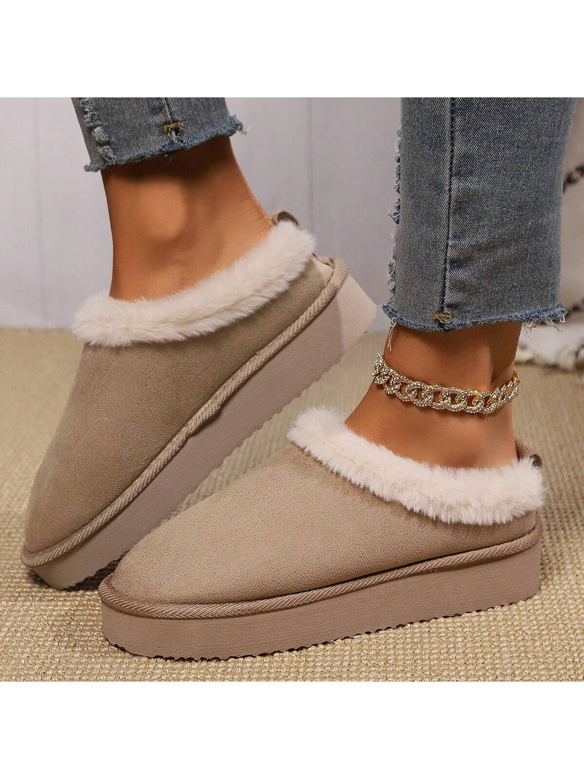 Women's Plush Lined Warm Slippers, Comfortable Winter Snow Shoes, Closed Toe Slip On Backless Indoor Outdoor Slippers