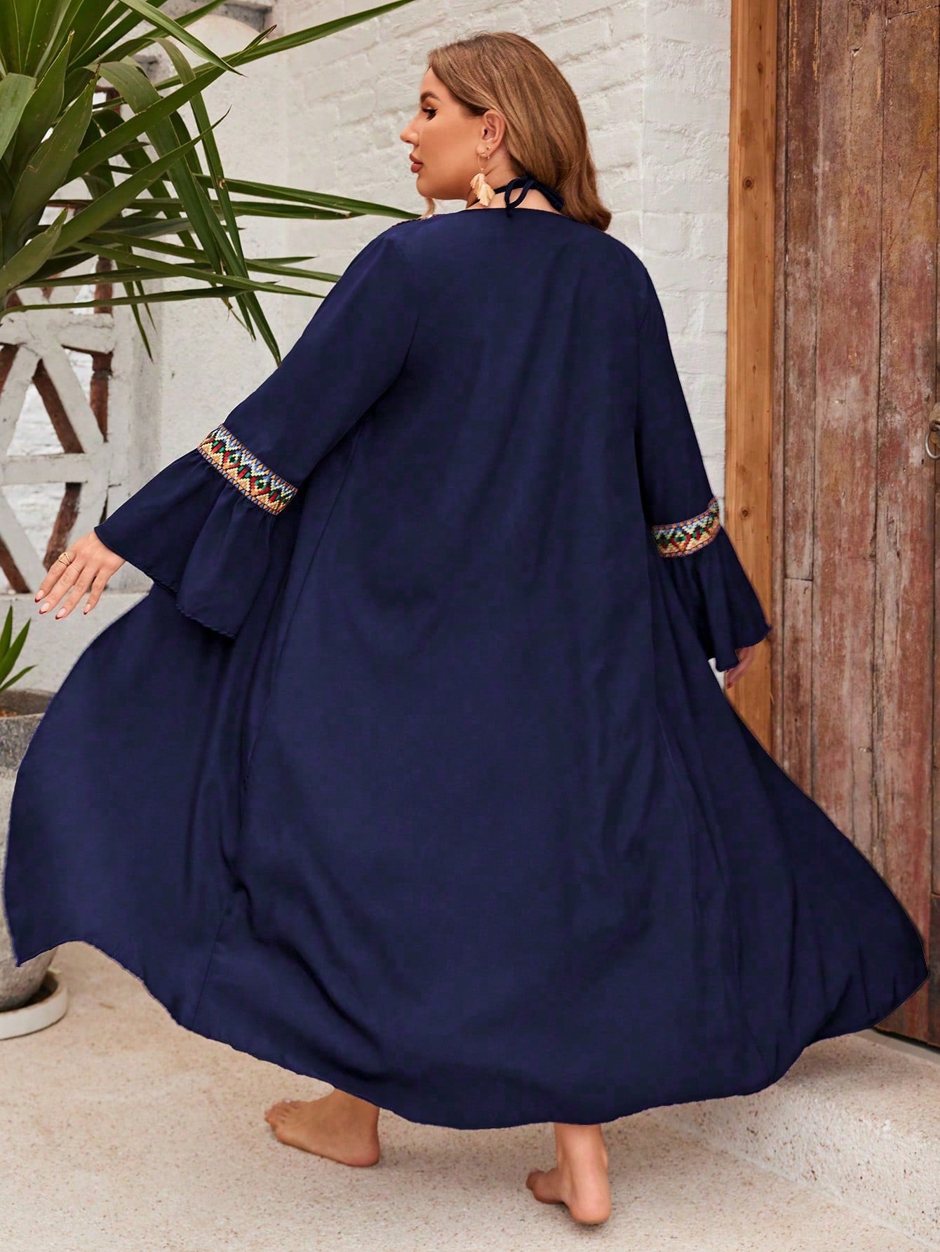 Swim Curve Plus Size Color-Block Woven Belted Long Sleeve Kimono Cover Up, Ideal For Vacation