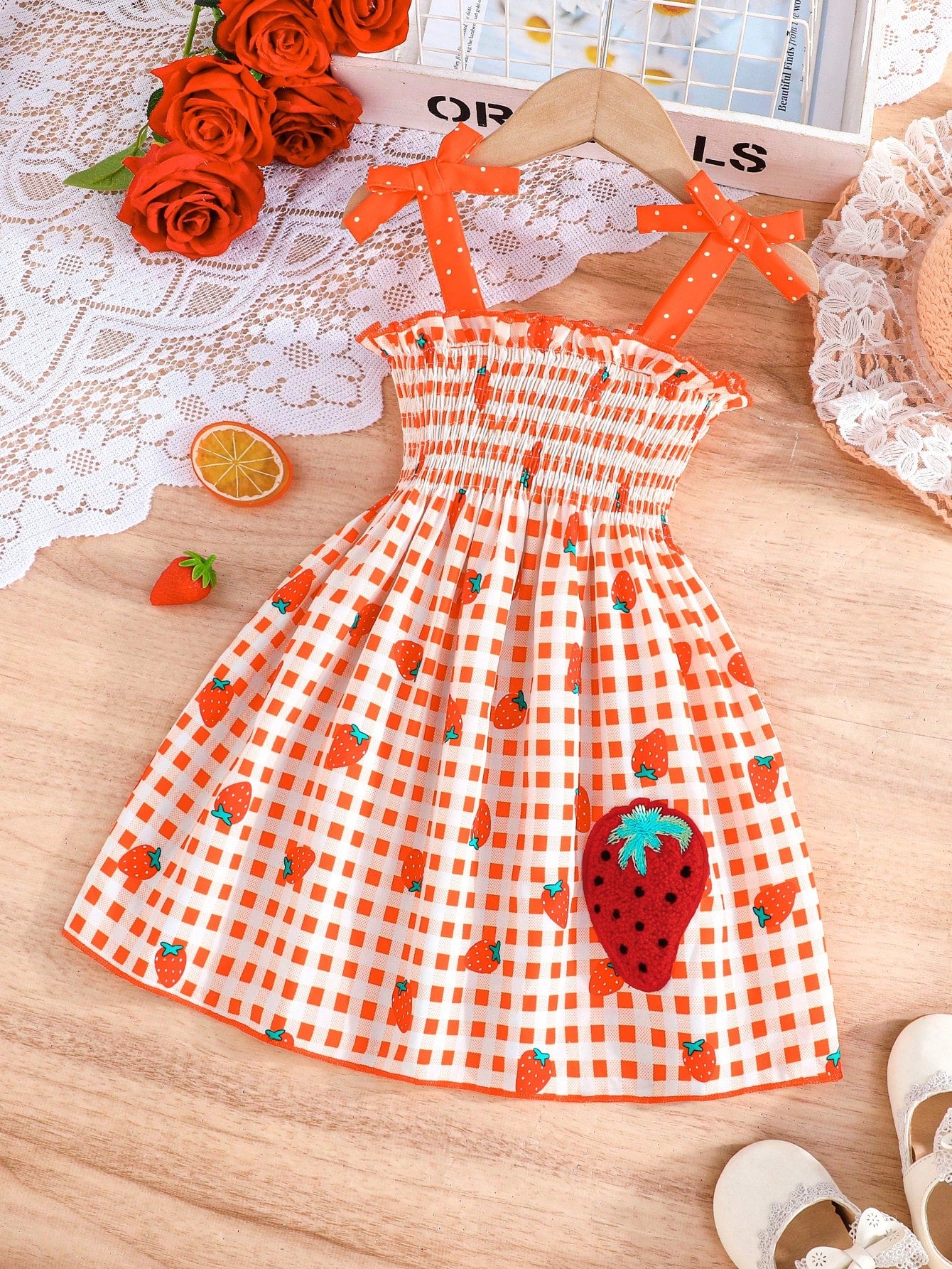 Young Girl Summer Fashion Plaid Sling Dress With Cute Strawberry Print, Embroidery Accent