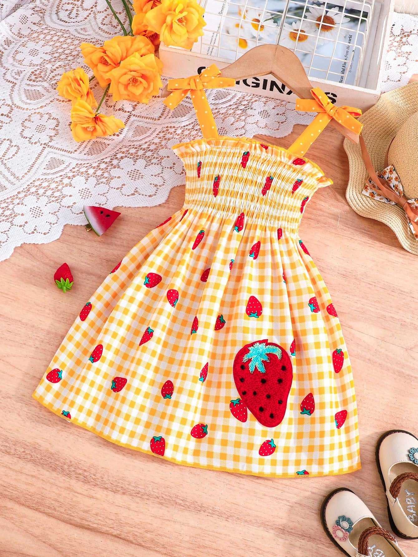 Young Girl Summer Fashion Plaid Sling Dress With Cute Strawberry Print, Embroidery Accent