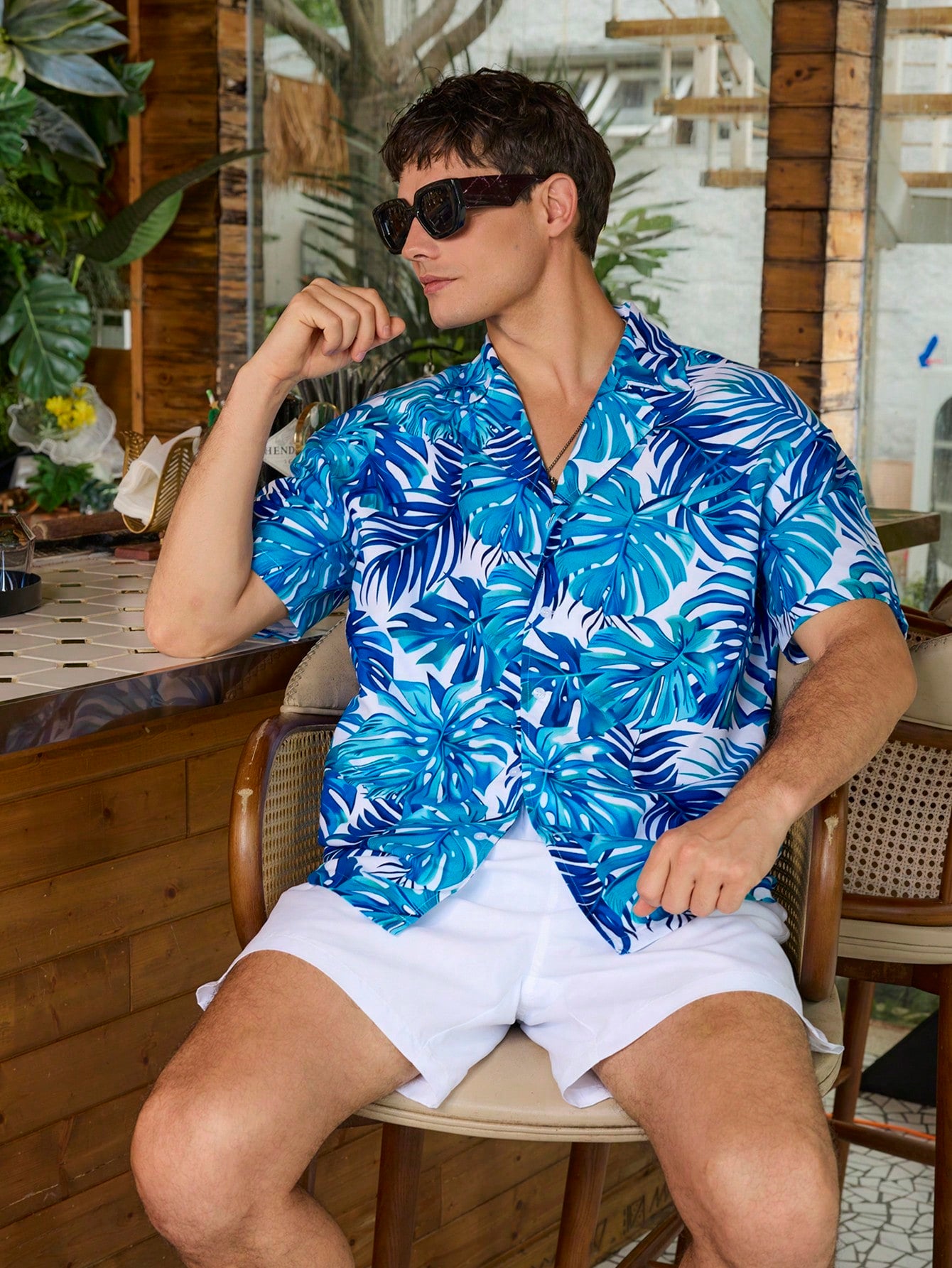 VDAYZ Men's Full Allover Print Front Button Short Sleeve Top And Solid Color Pocket Shorts, Summer Beach Vacation Outfit