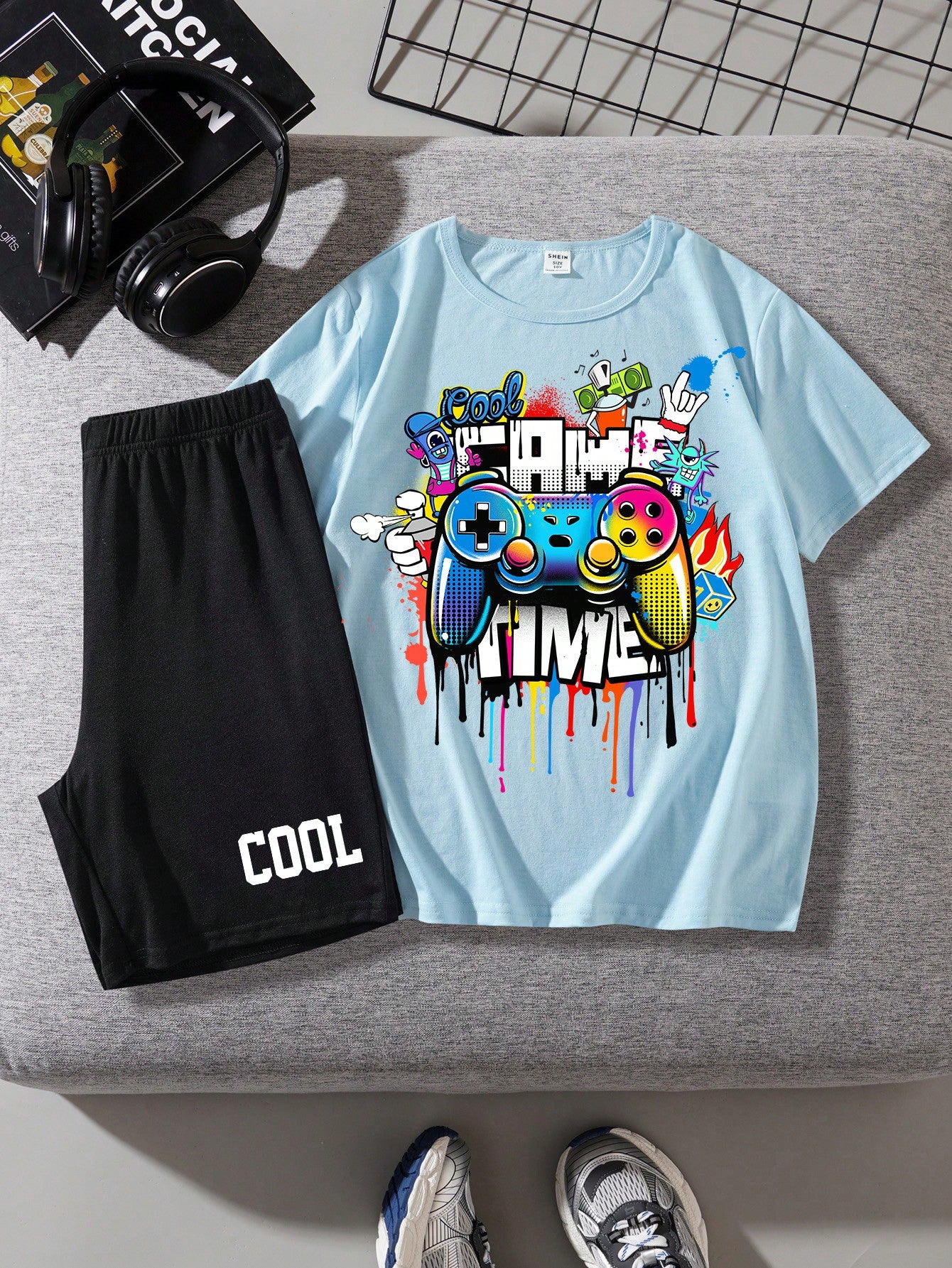 Tween Boys' Casual Simple Video Game Printed Short Sleeves T-Shirt And Shorts Set, Suitable For Summer