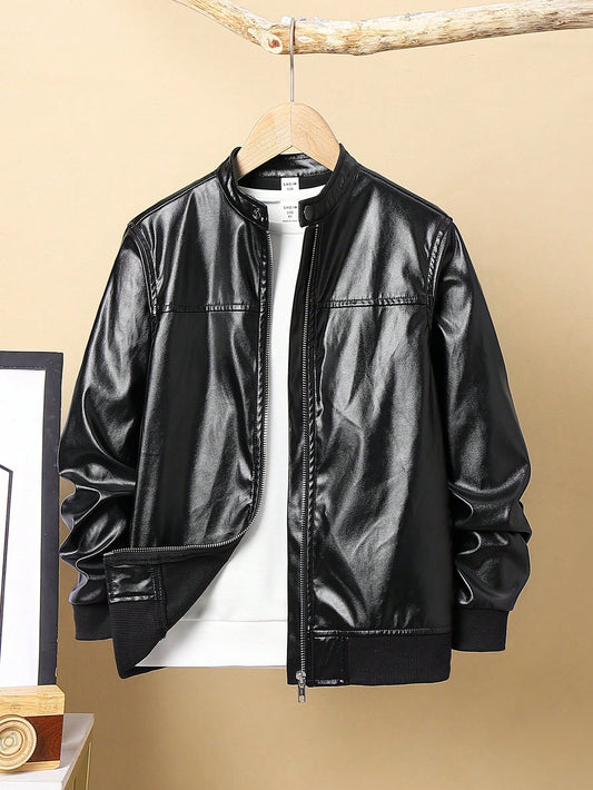 Tween Boy Stand Collar PU Leather Fashion Long Sleeve Jacket