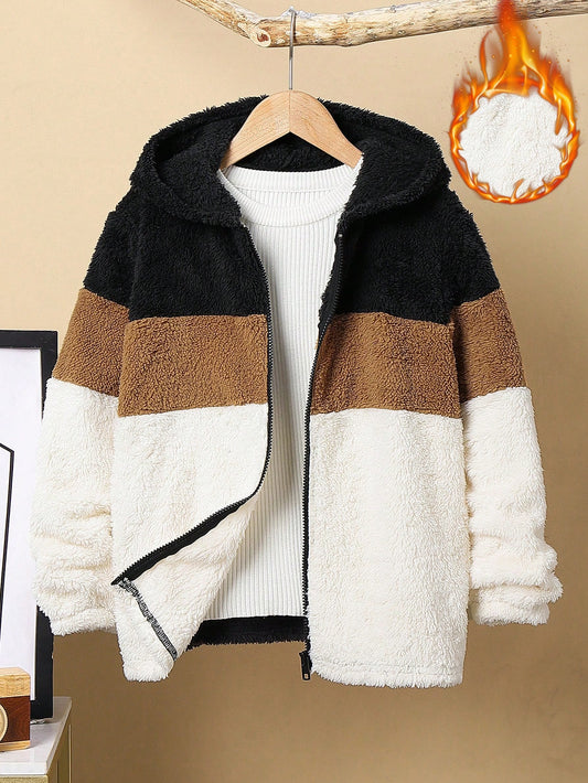 Tween Boy Loose Casual Plush Hooded Jacket With Patchwork And Color-Block