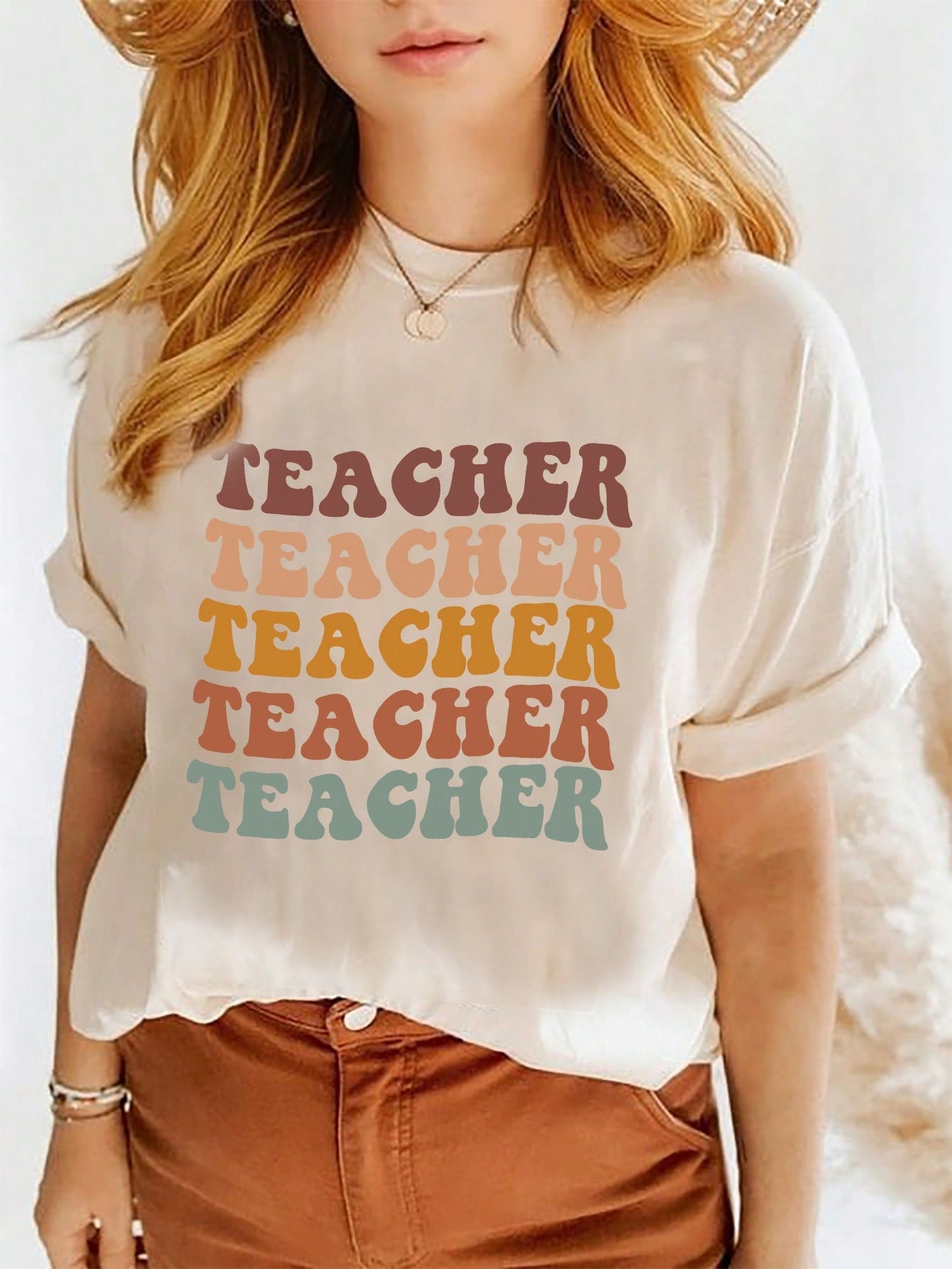 Casual And Simple Teacher Printed Round Neck Short Sleeve Women's T-Shirt, Suitable For Summer TEACHER TEACHER TEACHER TEACHER TEACHER